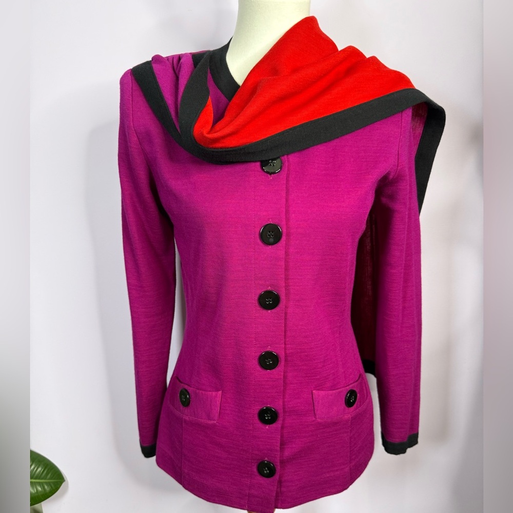 Vintage Adrienne Vittadini Purple & Red Button Up Top with Attached Scarf - Picture 5 of 7